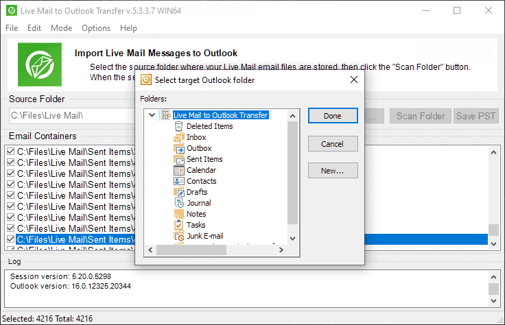 Select destination Outlook folder to import Live Mail messages.