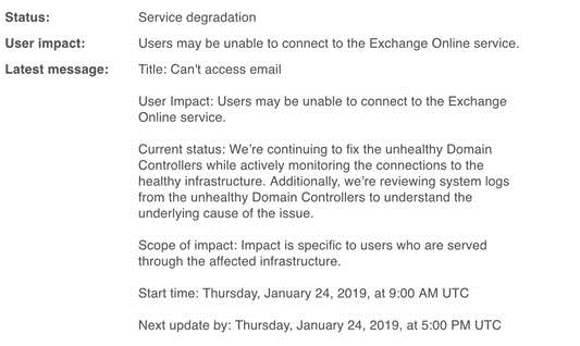Outlook 365 Service degradation message