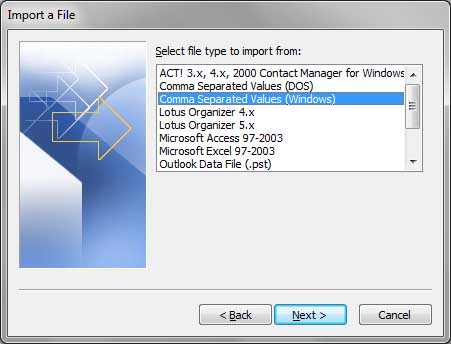 Contacts file type selection