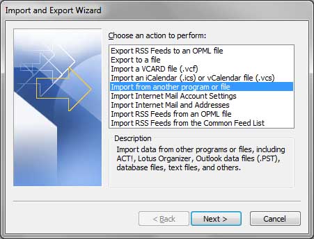 Import from other program or file menu