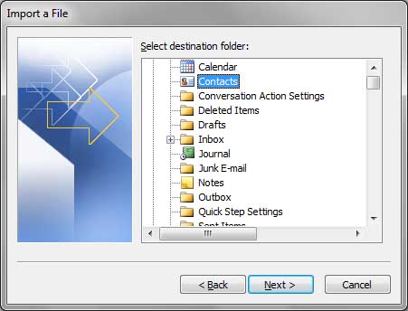 Destination contacts folder selection