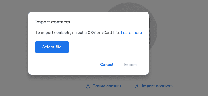 Gmail importere kontakter - Velg Fil