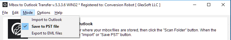 Selecting mode - Save to PST ile