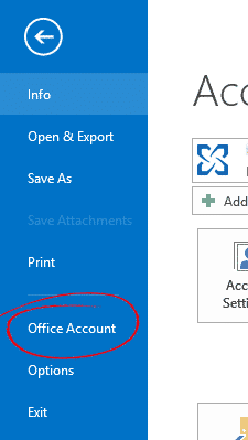 Outlook menu Office Account