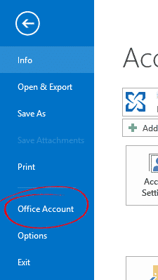 Menu compte Outlook Office