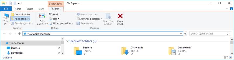 Åbning mappen AppData i Filer Explorer