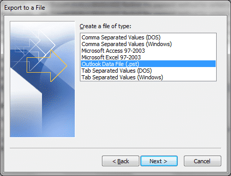 Export Outlook folder to PST in early Outlook versions