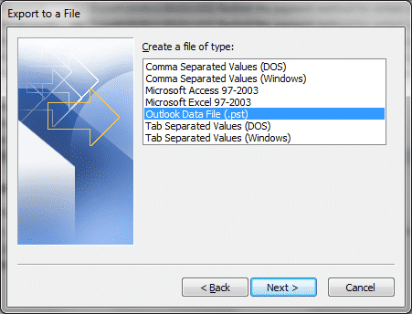 folder Export Outlook PST i tidiga versioner Outlook