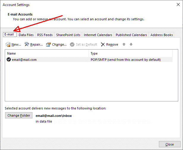 Outlook email account settings