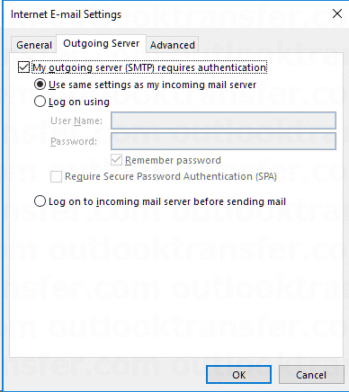 Outlook server settings