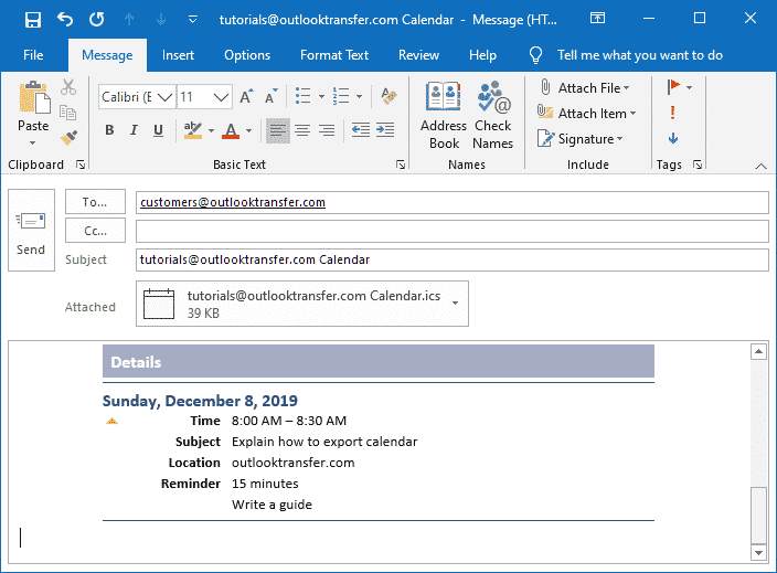 Calendrier Outlook attaché à un message de messagerie Outlook