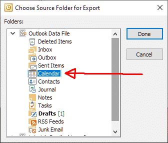 Select Outlook calendar folder