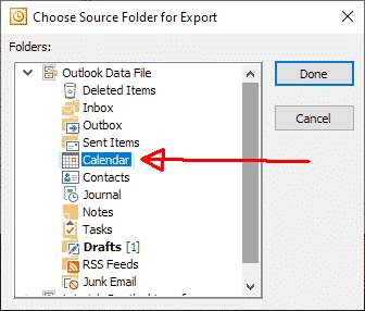 Vælg kalender Outlook-mappe