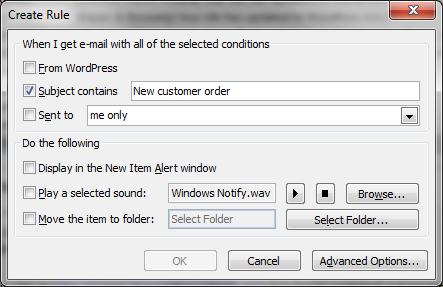 finestra di Outlook - creare una regola da e-mail