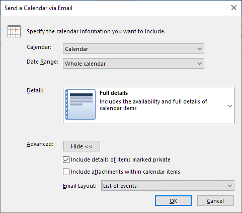 Options set to export Outlook Calendar