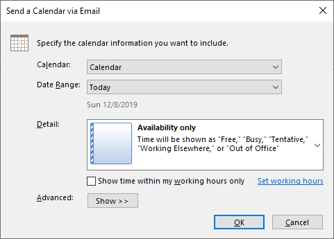 Отправка календаря Outlook - Окно опций по умолчанию