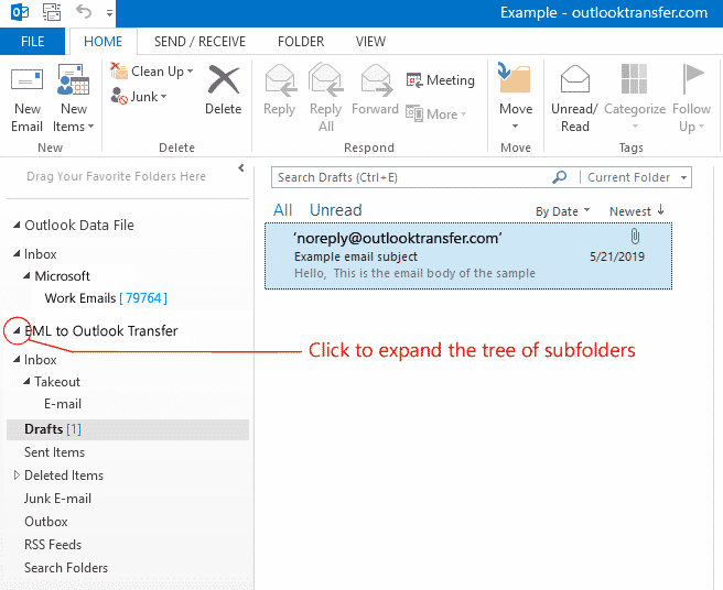 Expand the tree of Outlook folders and subfolders