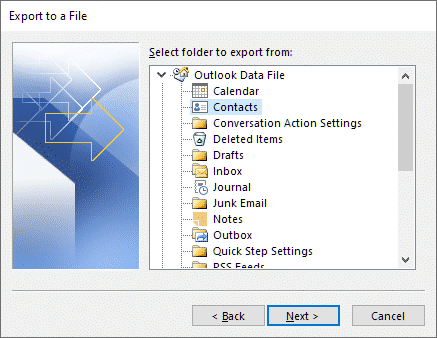 Selecting the Contacts folder to use for export