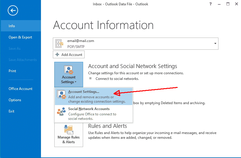 Outlook Menu Arquivo > informações > Configurações de Conta