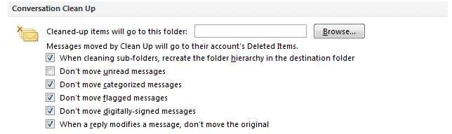 Outlook options to clean up folder