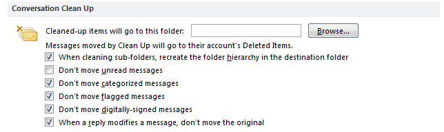 opzioni di Outlook per ripulire la cartella