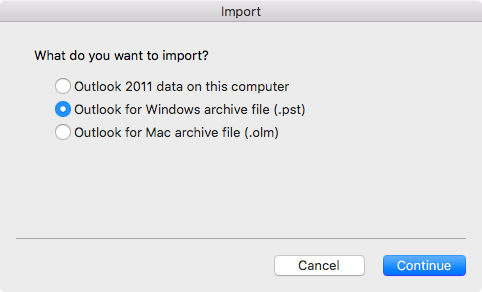 Outlook for Mac - select what to import