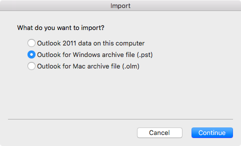 Outlook per Mac - scegliere cosa importare