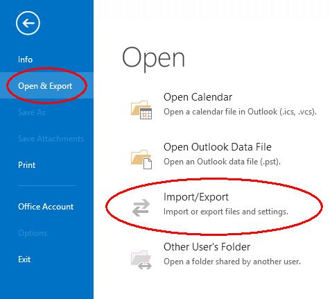 Outlook Import / Export menu