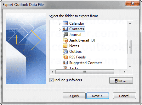 Outlookのメニューのエクスポート連絡先フォルダ