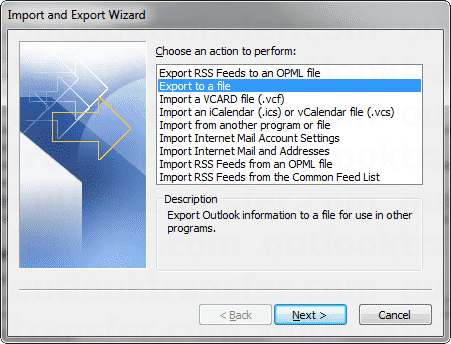 Menu de Outlook Import Export para um arquivo