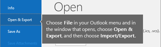 Outlook menu Open & Export