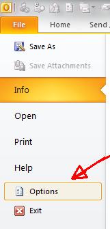 Outlook menu Options