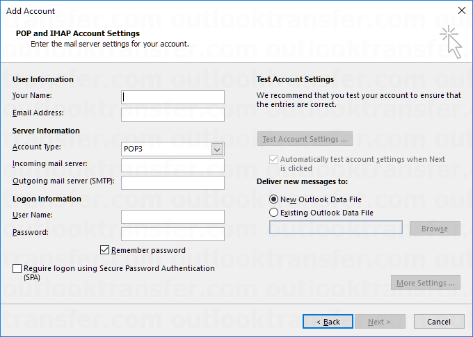 Creating new email account in Outlook