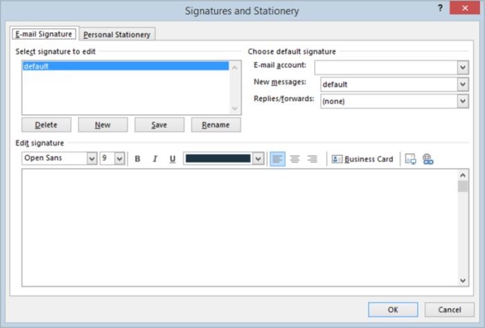 Добавление новой подписи электронной почты в Outlook,