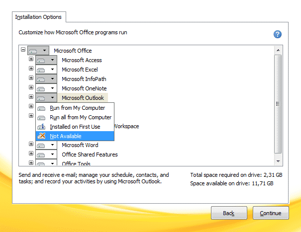 Perspectiva - selecionar Não disponível para remover