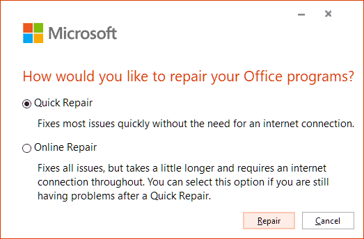 Reparación rápida o en línea de Outlook