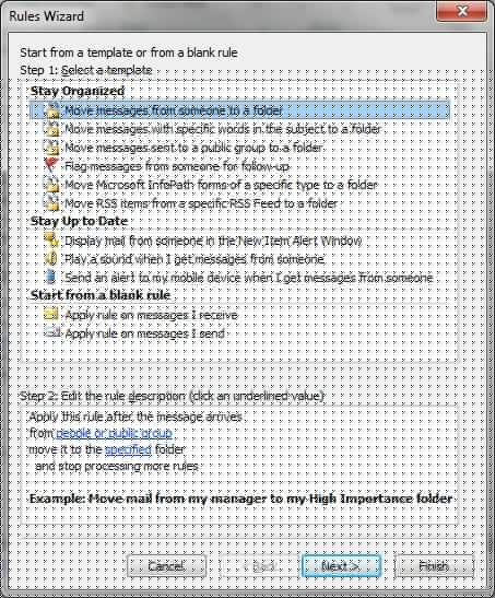 assistente regras do Outlook