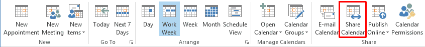 Меню Outlook - Совместное использование календарей