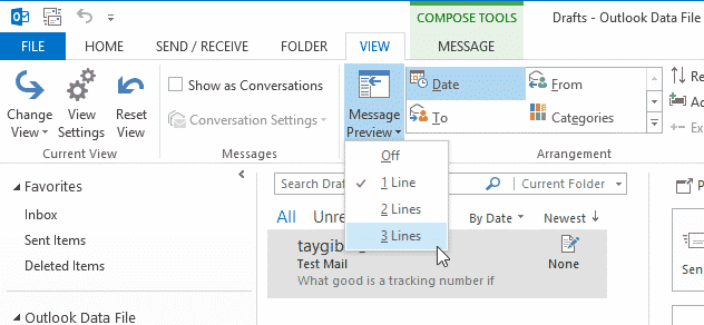 Outlook message preview