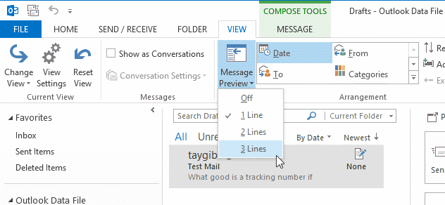 configurações de visualização de mensagens