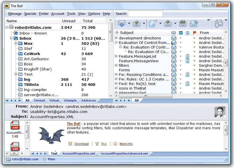 Licencia de The Bat! interfaz gráfica de usuario