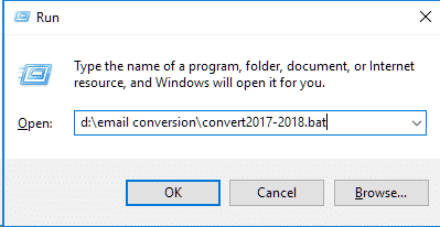 Windows RUN window with entered command to run BAT file