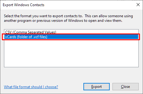 Option pour enregistrer les contacts Windows au format VCF