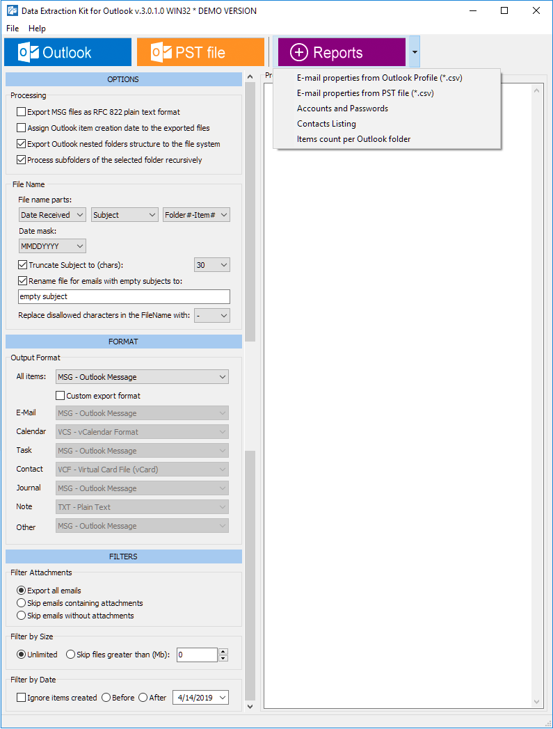 データの抽出および Outlook のスクリーン ショット分析キット
