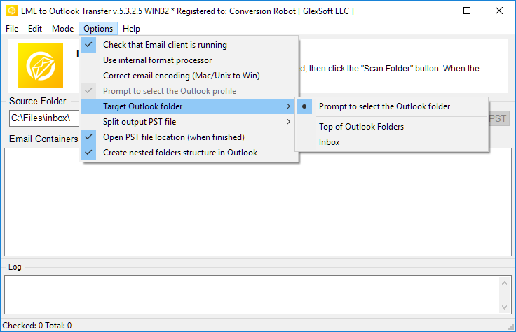 EML to Outlook Transfer - Options de menu