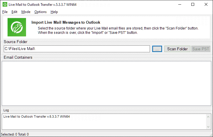 Captura de tela da ferramenta Live mail to Outlook Transfer