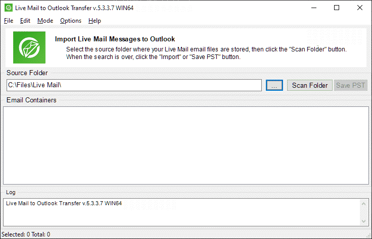 Velg kilden til Live Mail emails
