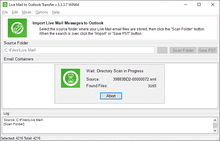 Velg kilden til Live Mail emails