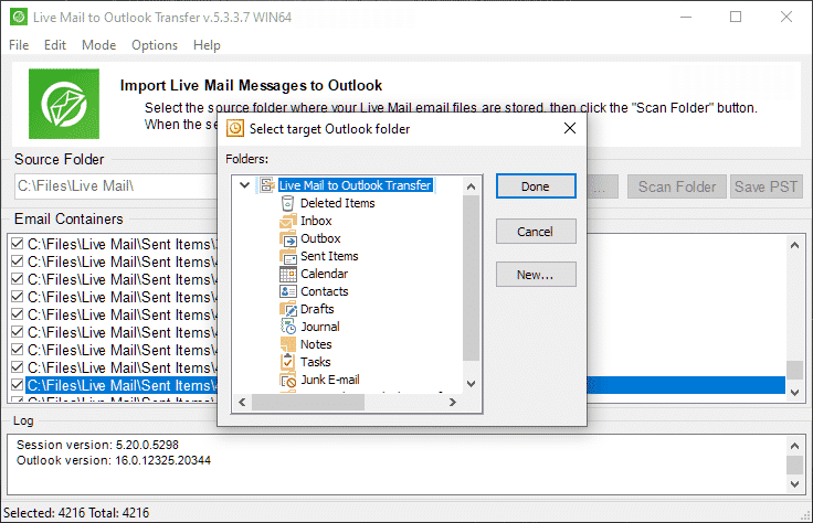 Seleccionar carpeta de destino de Outlook para importar mensajes de Live Mail.