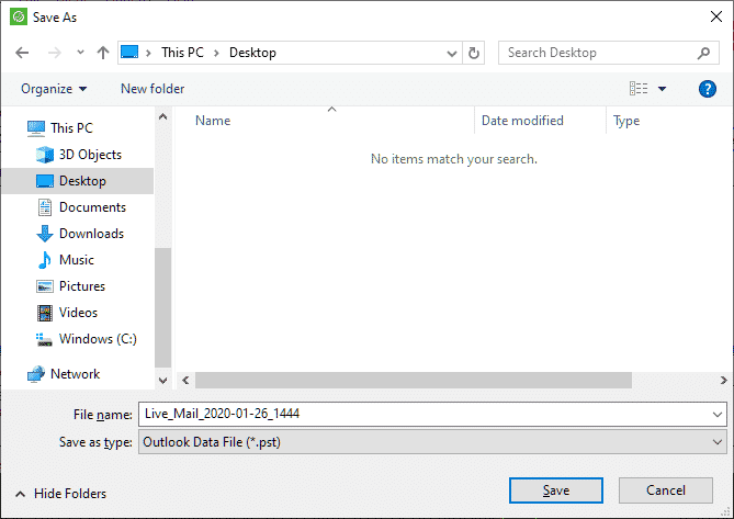 Select target folder to save PST file